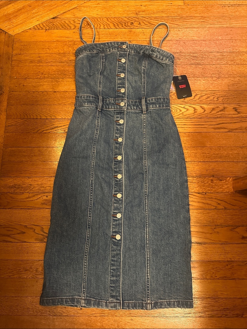 Levi's Blue Denim Button-Front Midi Dress with Spaghetti Straps XS